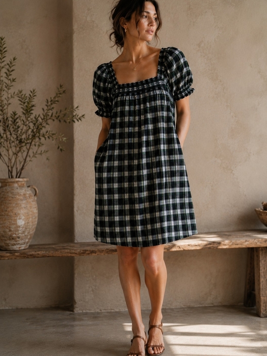 American Eagle Outfitters Dresses & Skirts - American Eagle Plaid Babydoll Dress XXL Cottagecore Puff Sleeve Smocked Mini